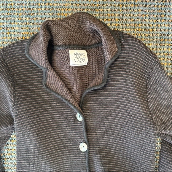 Margaret O'Leary Sweaters - Margaret O'Leary Merino Wool Striped Cardigan Brown Black Shawl Collar Sweater